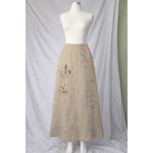 The Eagle's Eye Vintage Size 6 Linen Embroidered Maxi Skirt Beige Floral